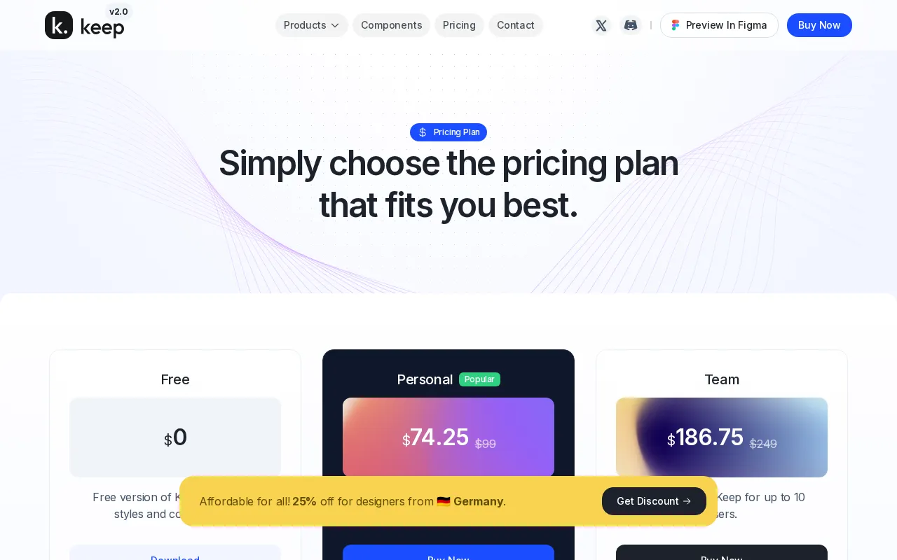 Keep Design System — pricing page