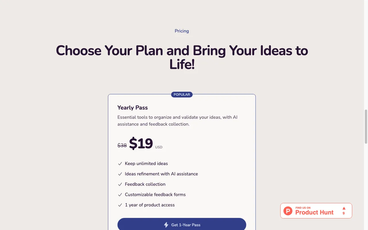 Keep My Idea — pricing page