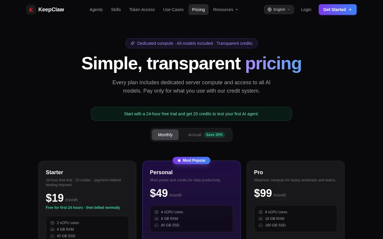 KeepClaw — pricing page