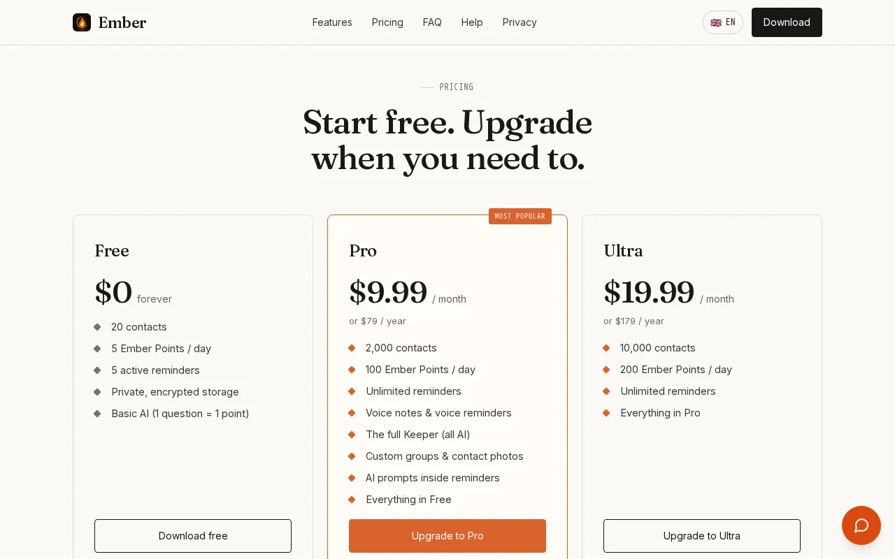 Ember — pricing page