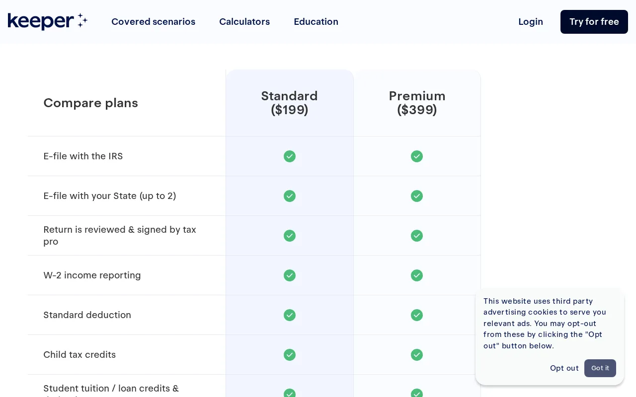 Keepertax — pricing page