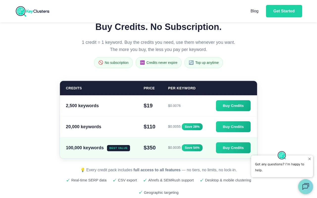Keyclusters — pricing page