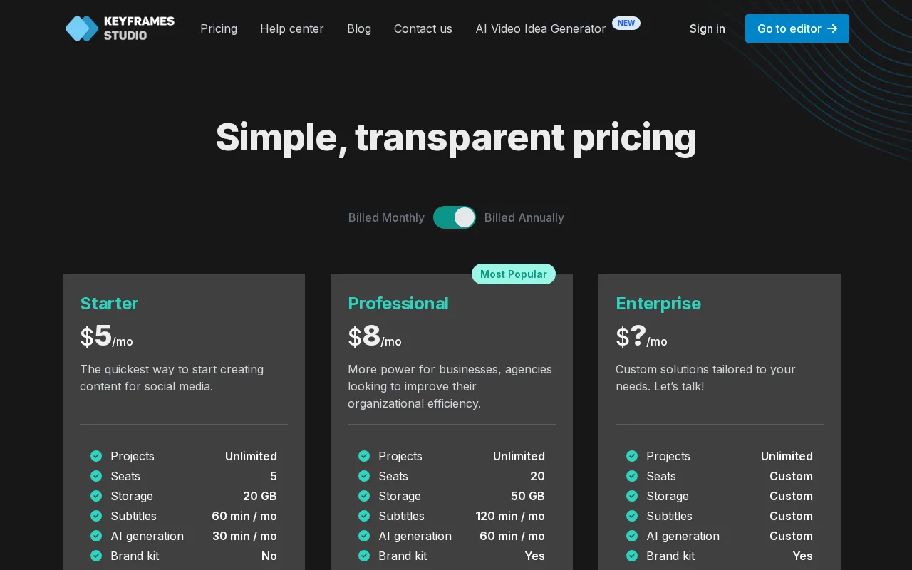 Keyframes Studio — pricing page