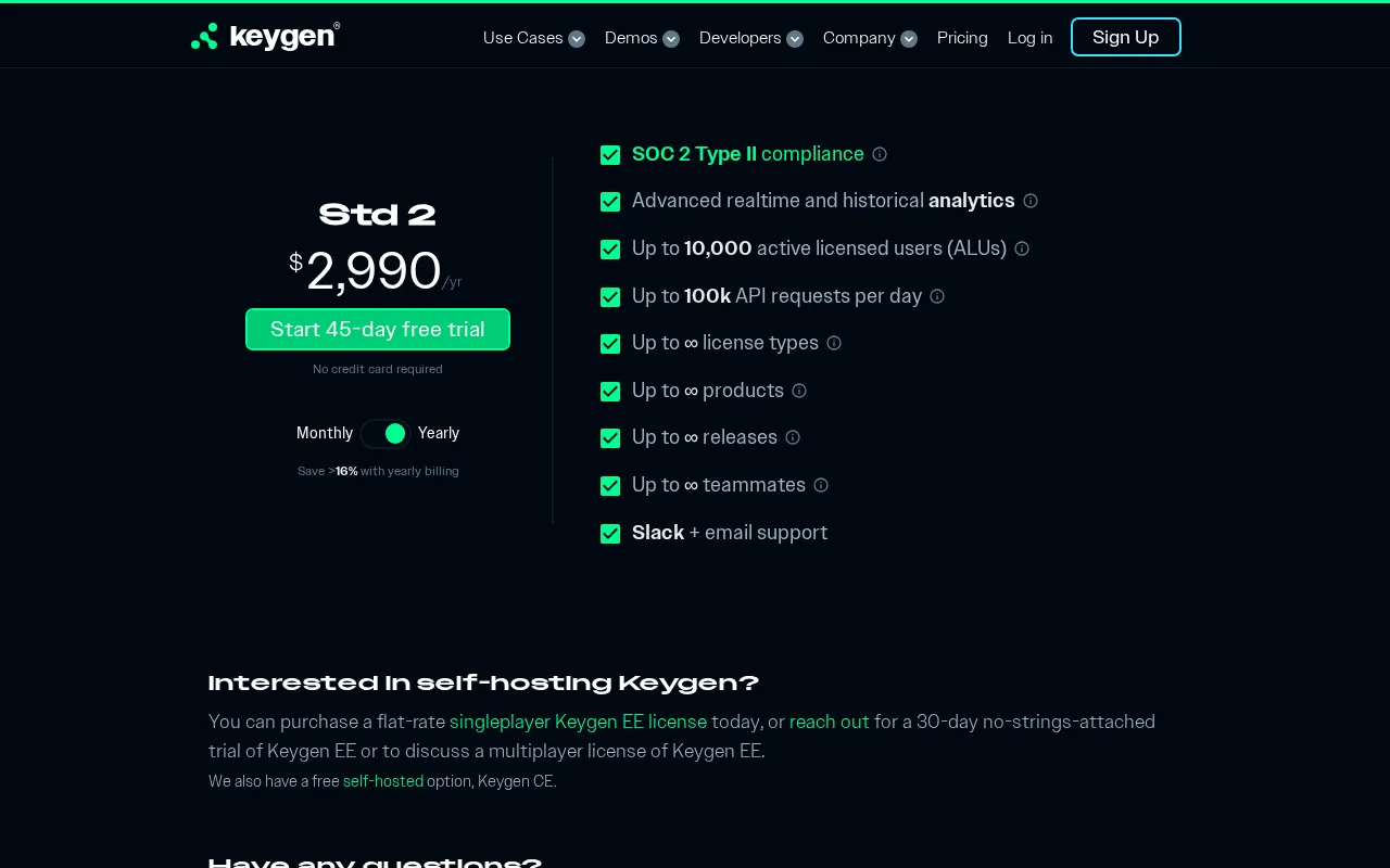 Keygen — pricing page