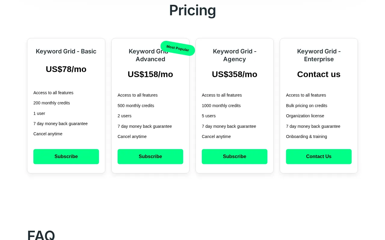 Keyword Grid — pricing page
