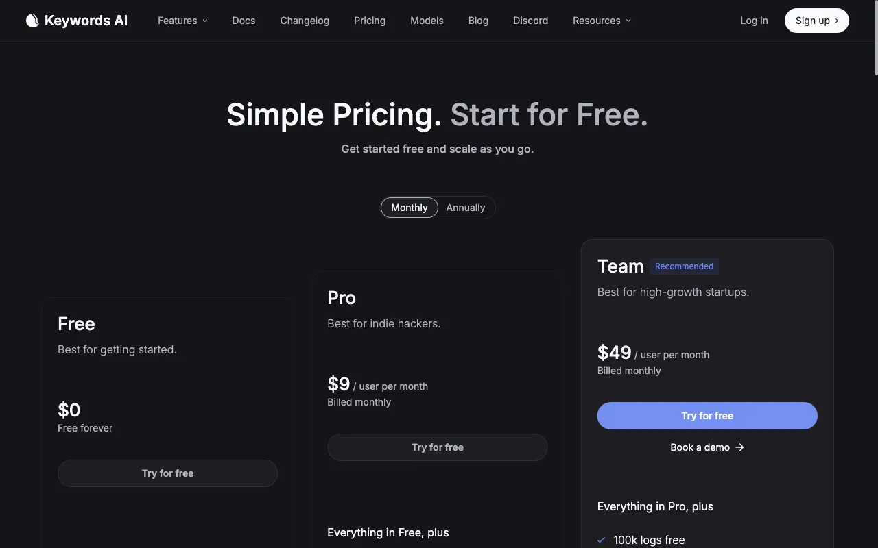 Keywords AI — pricing page