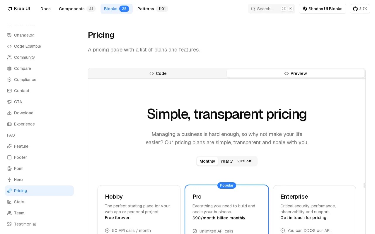 Kibo UI — pricing page
