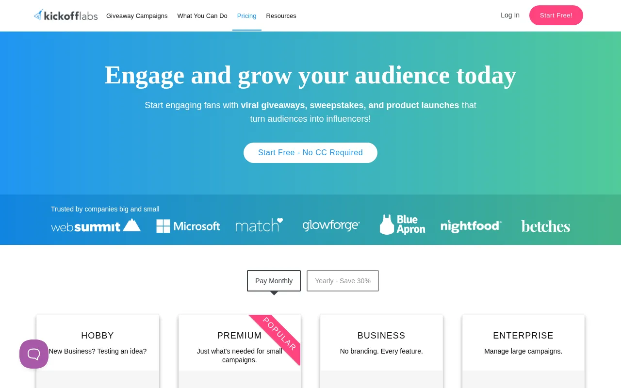 KickoffLabs — pricing page