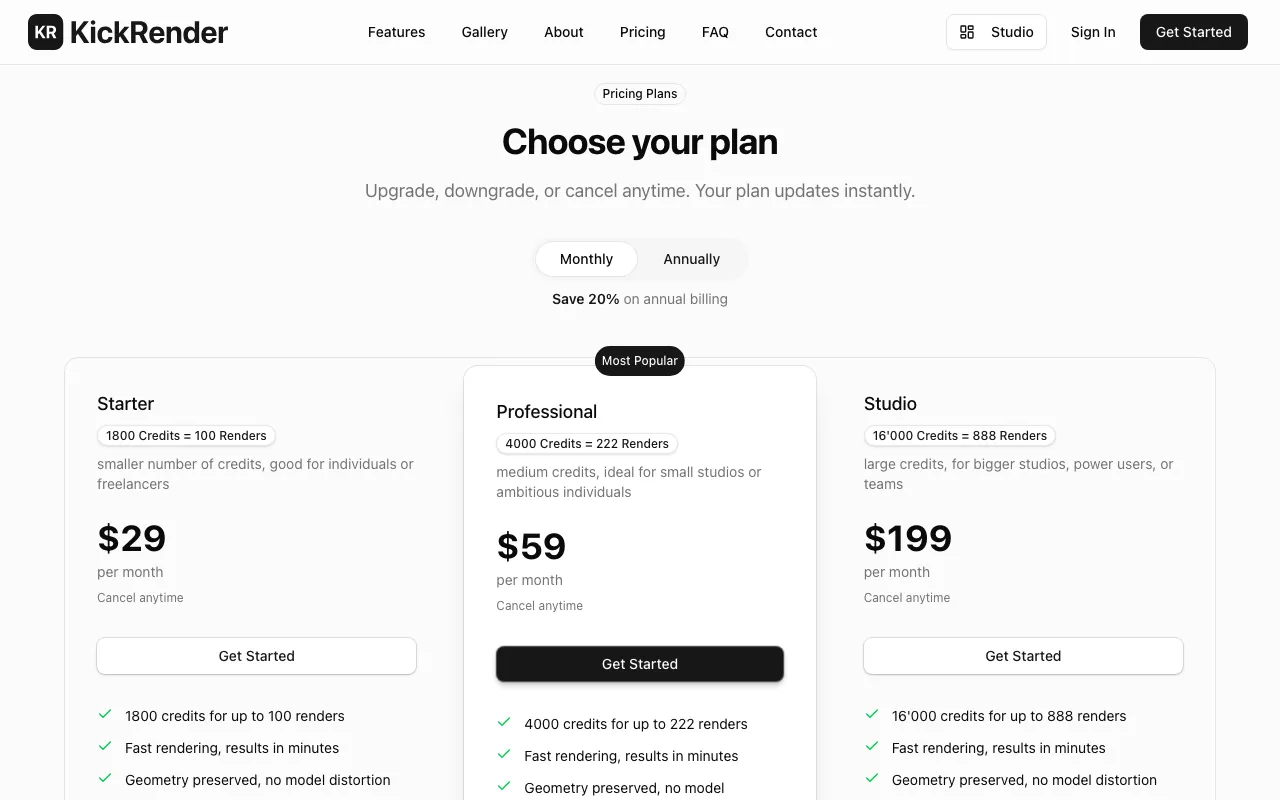 KickRender — pricing page