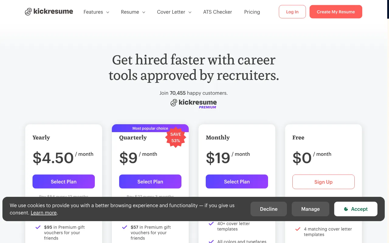 Kickresume — pricing page