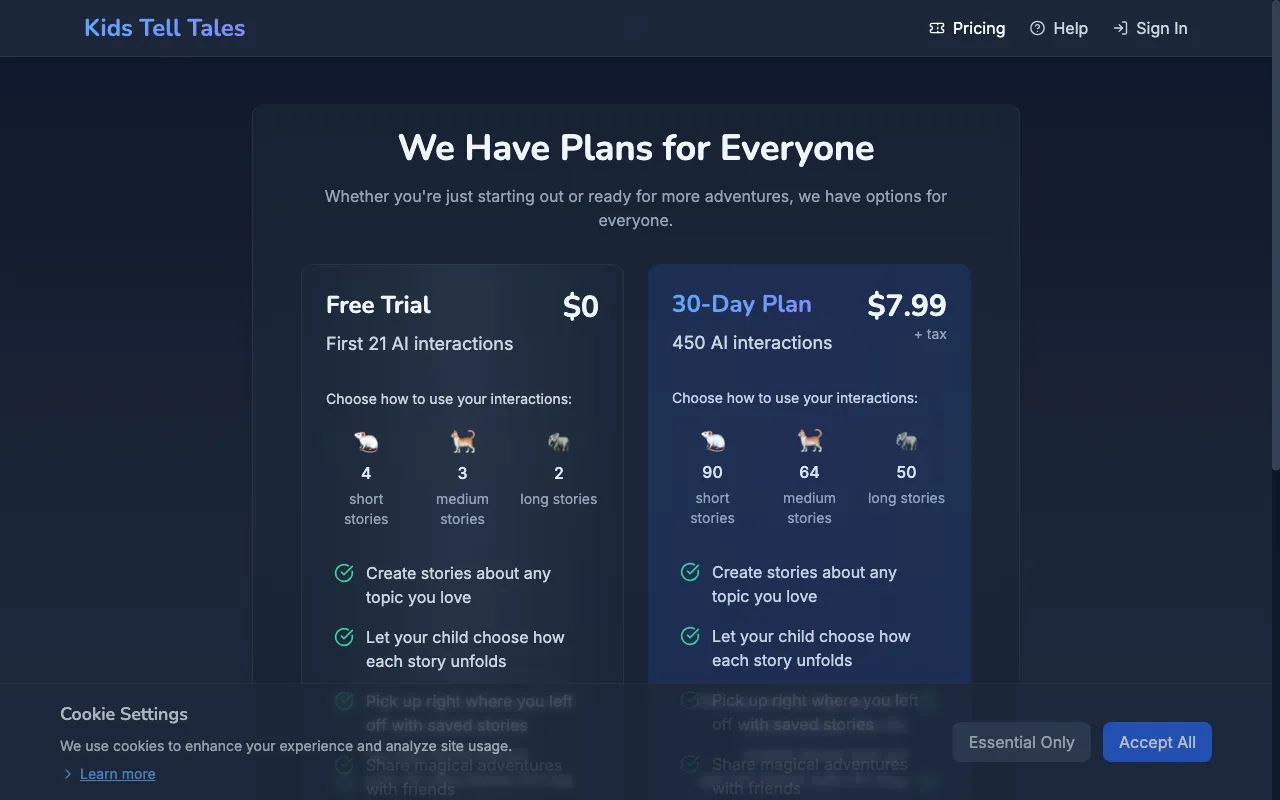 Kids Tell Tales — pricing page