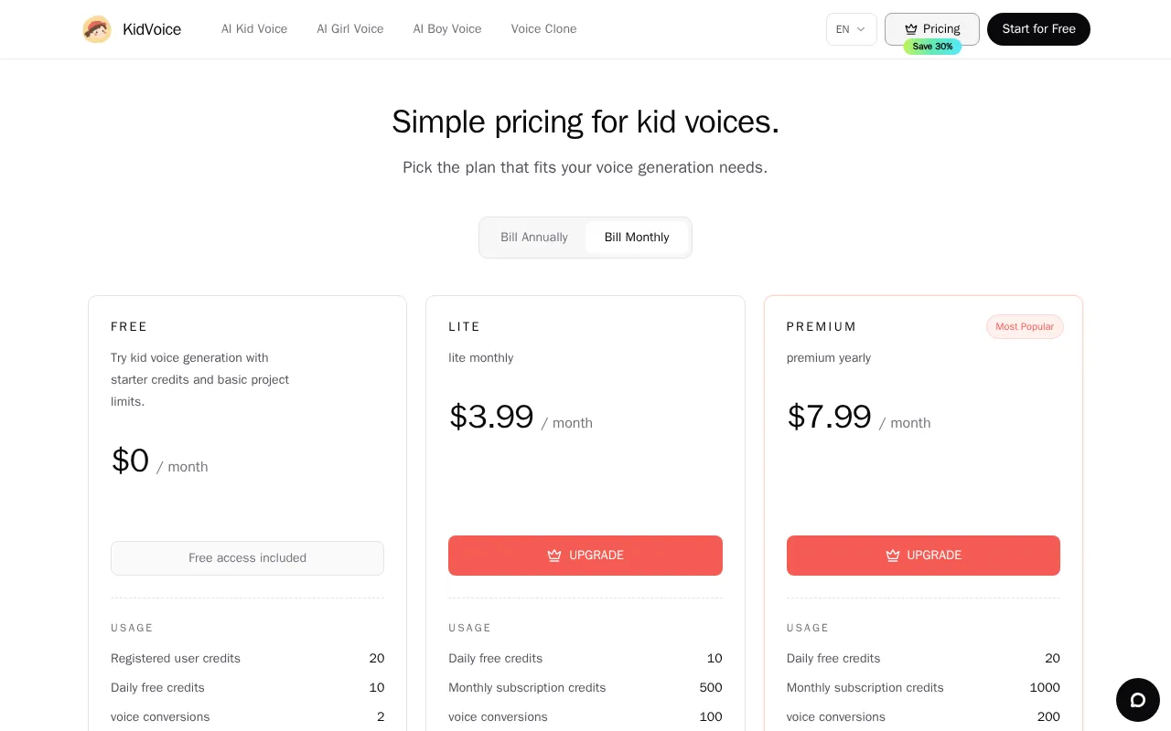 KidVoice — pricing page