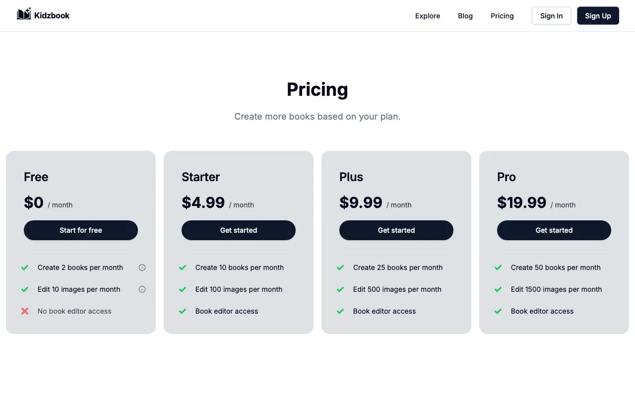 Kidzbook — pricing page