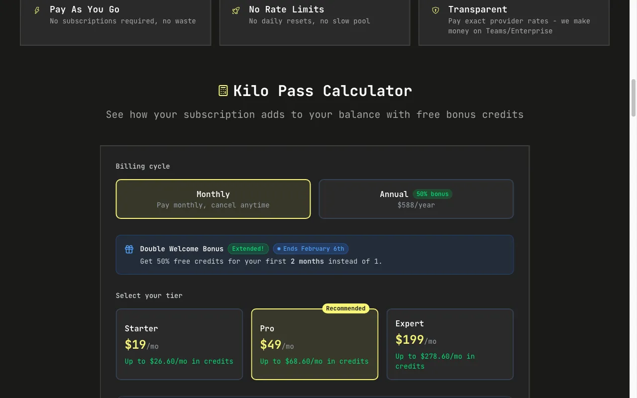 Kilo AI — pricing page