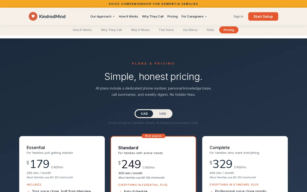 KindredMind — pricing page