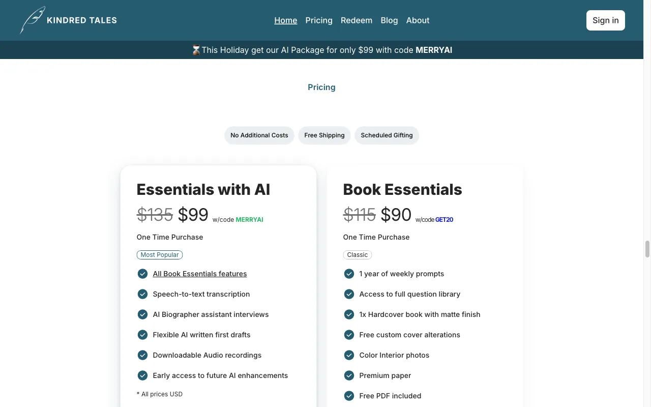 Kindred Tales — pricing page