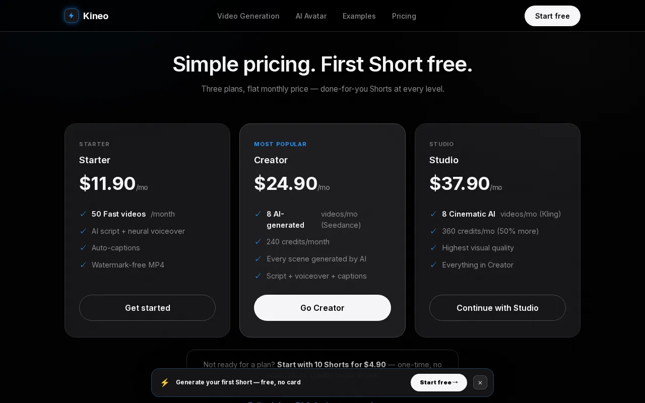 Kineo — pricing page