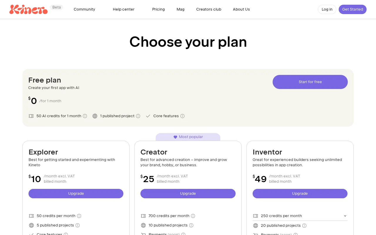Kinetik — pricing page
