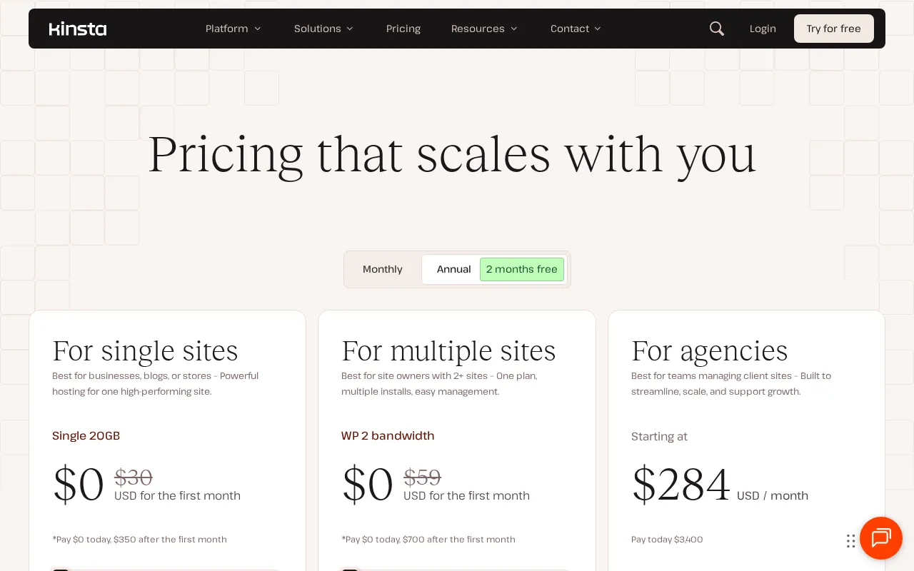 Kinsta — pricing page