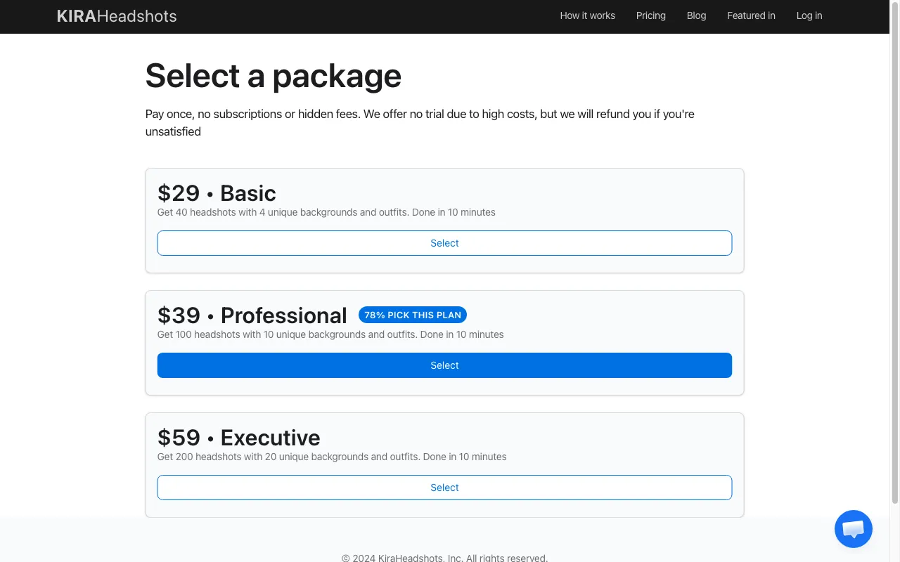 KiraHeadshots — pricing page