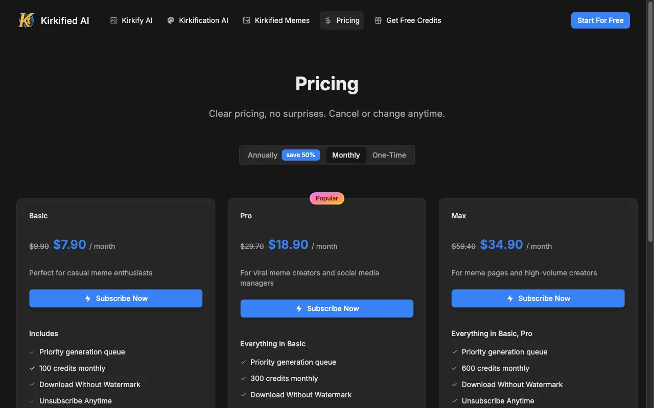 Kirkified — pricing page