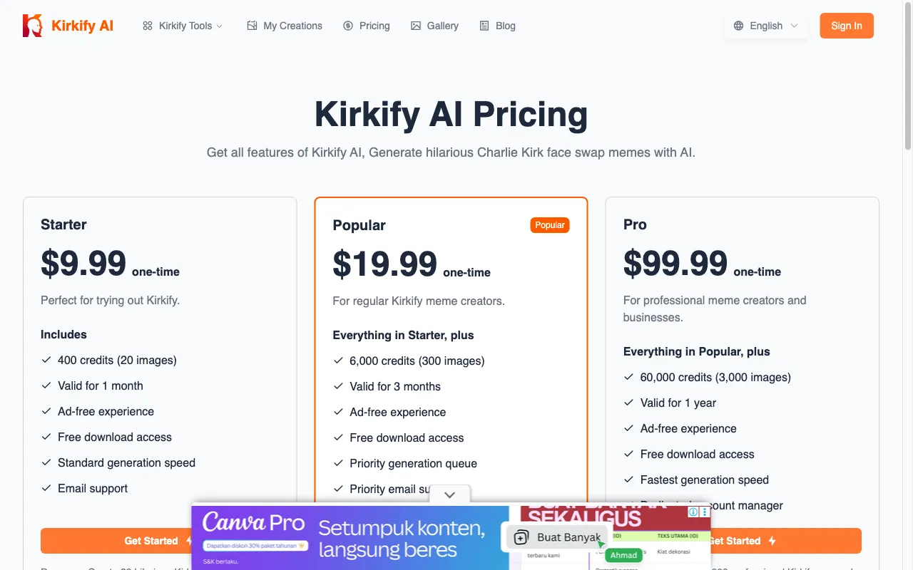 Kirkify AI Image Generator — pricing page
