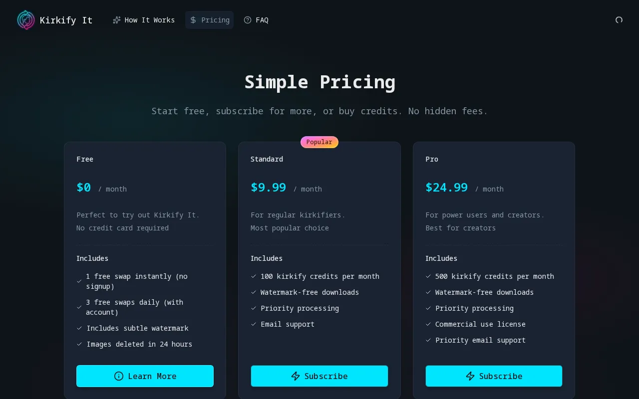 Kirkify It — pricing page