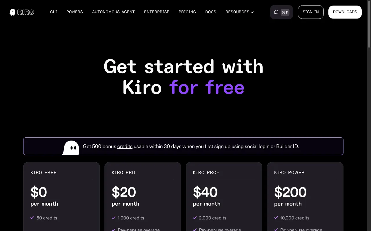 Kiro — pricing page