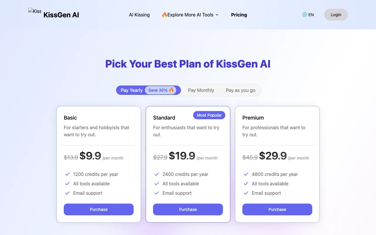 Kissgen AI — pricing page