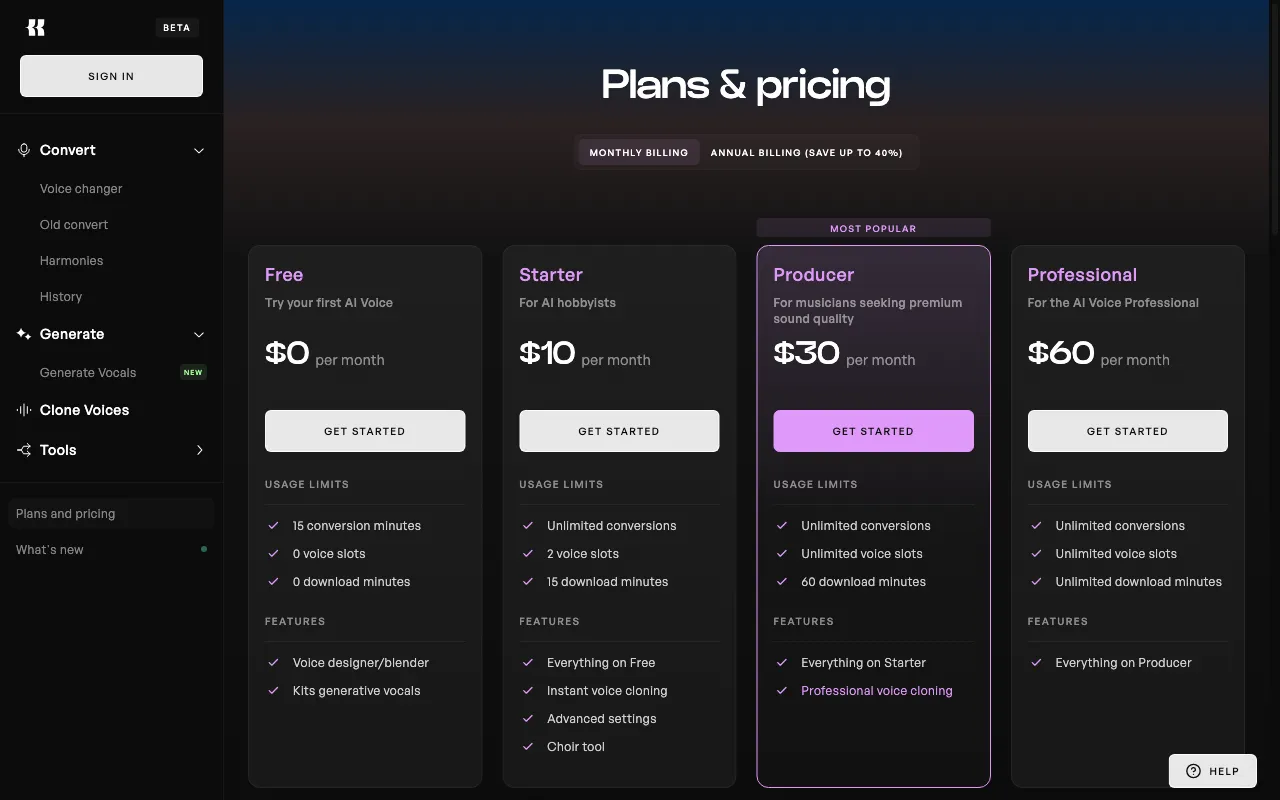 Kits AI — pricing page
