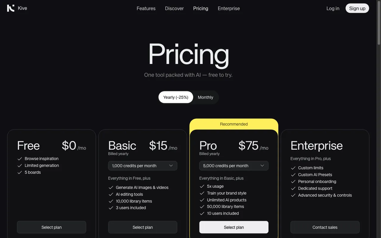 Kive — pricing page