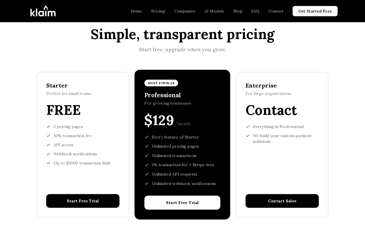 Klaim — pricing page