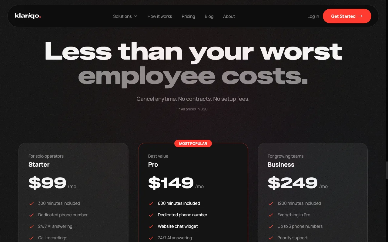 Klariqo AI Voice Assistants — pricing page
