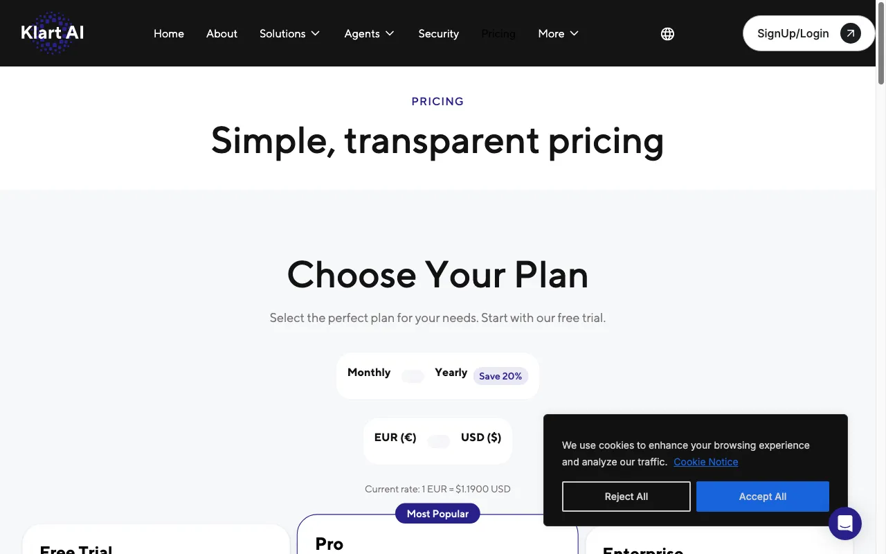 Klart AI — pricing page