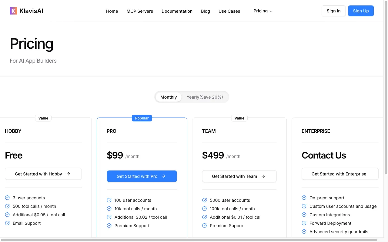 KlavisAI — pricing page