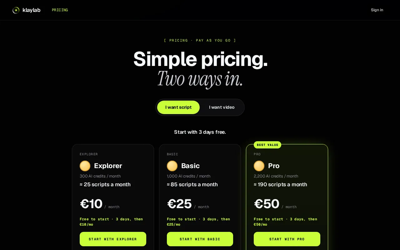 klaylab — pricing page