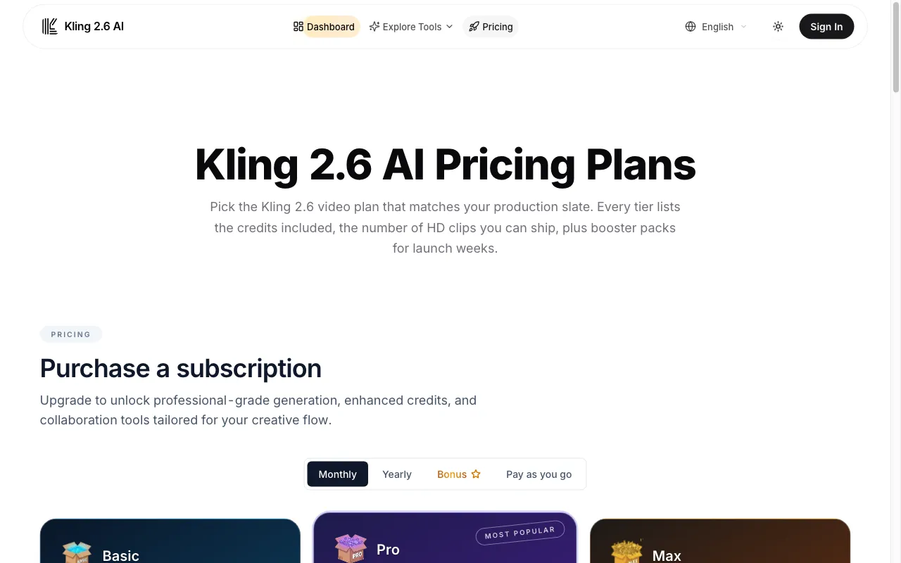 Kling 2.6 AI — pricing page