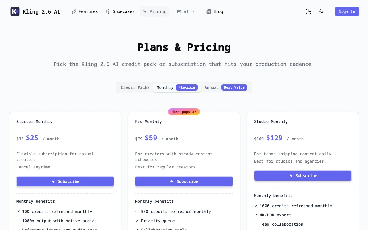 Kling 2.6 AI Video Generator — pricing page