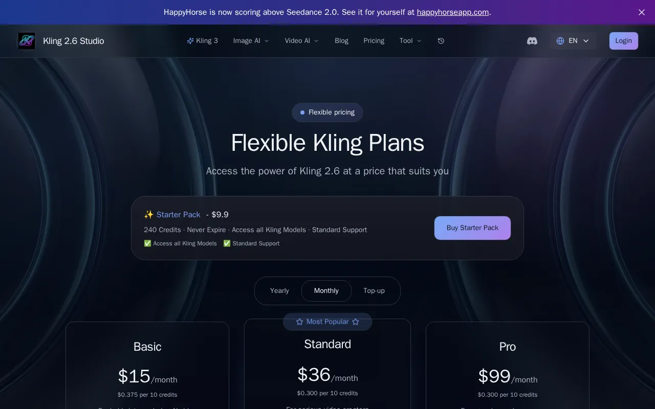 Kling 2.6 Studio — pricing page
