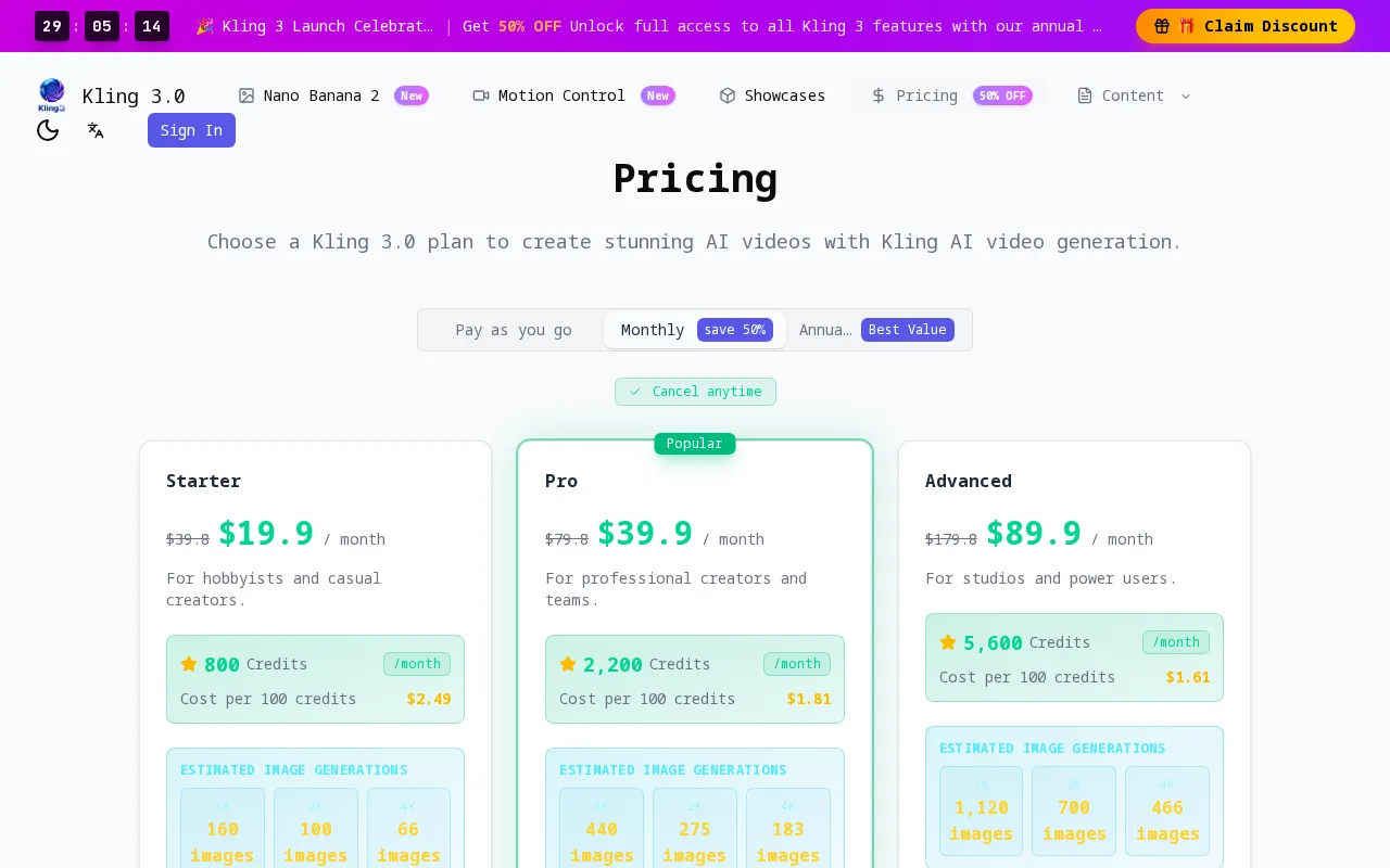 Kling 3.0 — pricing page