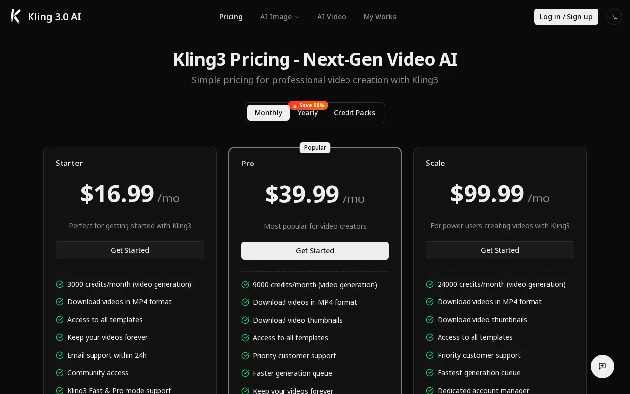 Kling 3.0 AI — pricing page
