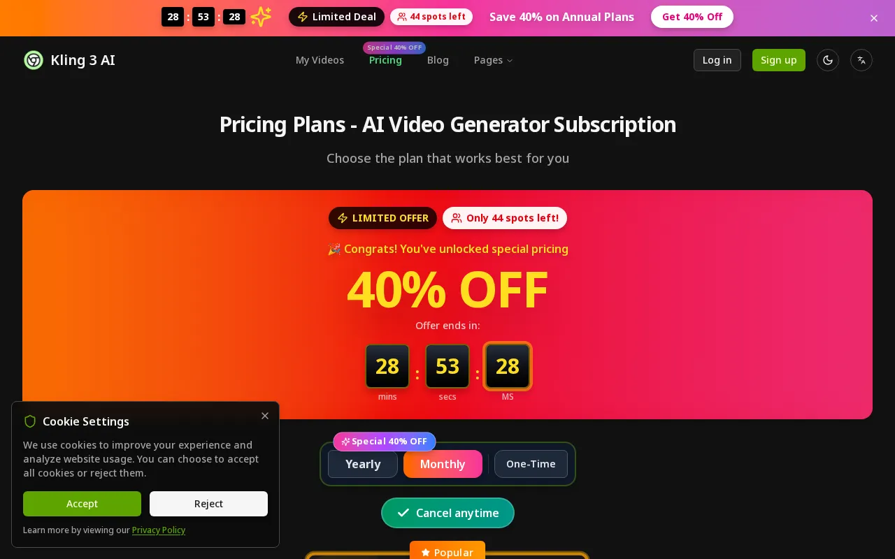 Kling 3 — pricing page