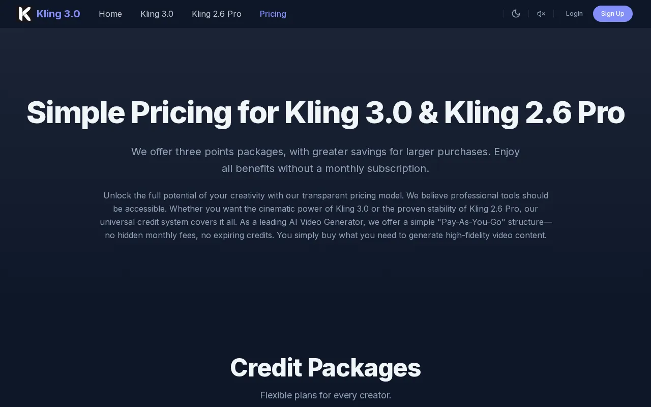 Kling 3.0 — pricing page