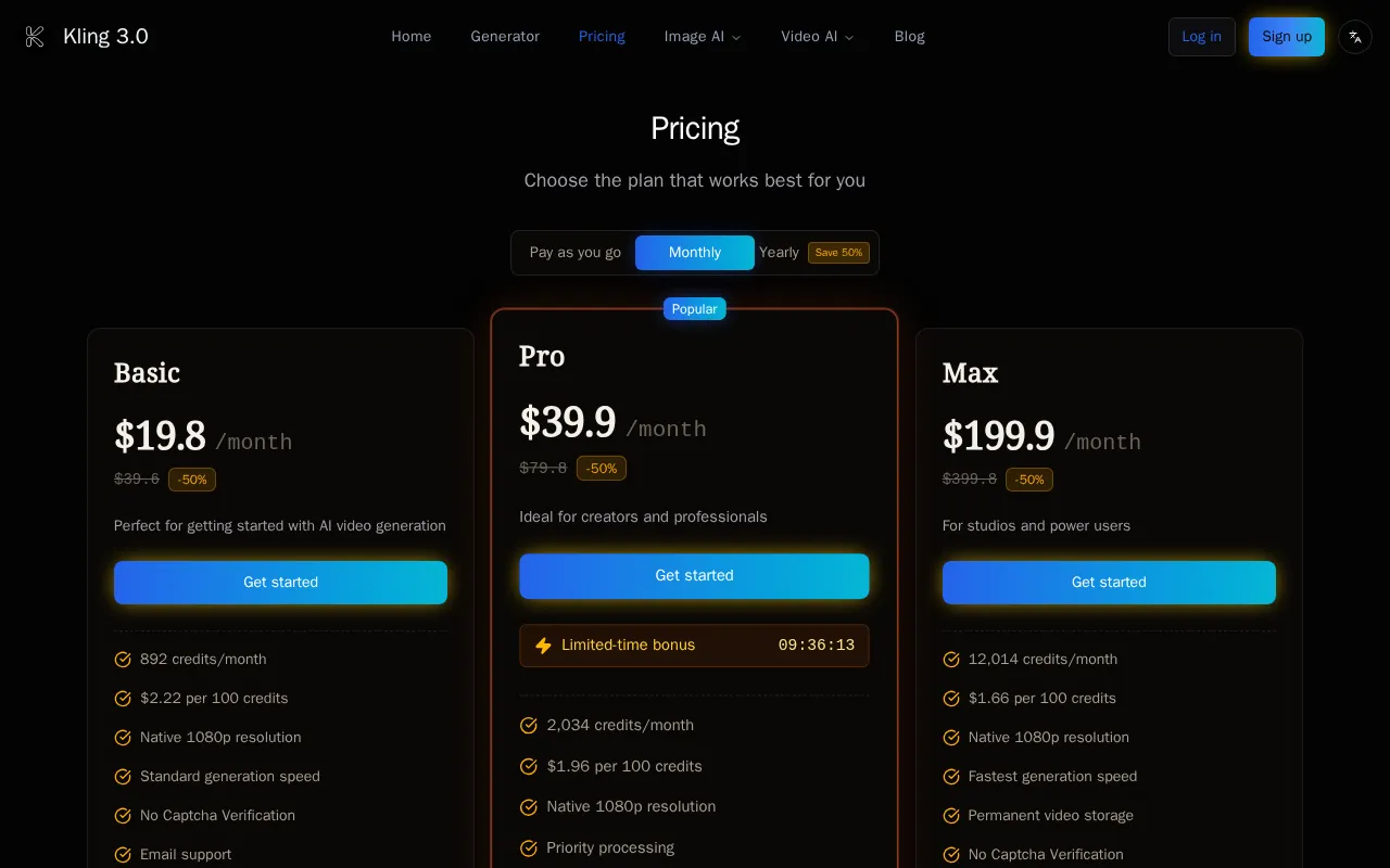 Kling 3.0 — pricing page