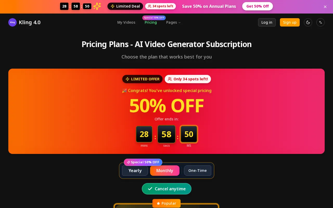 Kling 4.0 — pricing page