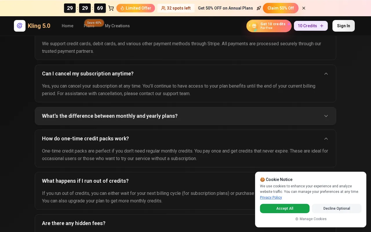Kling 5.0 — pricing page