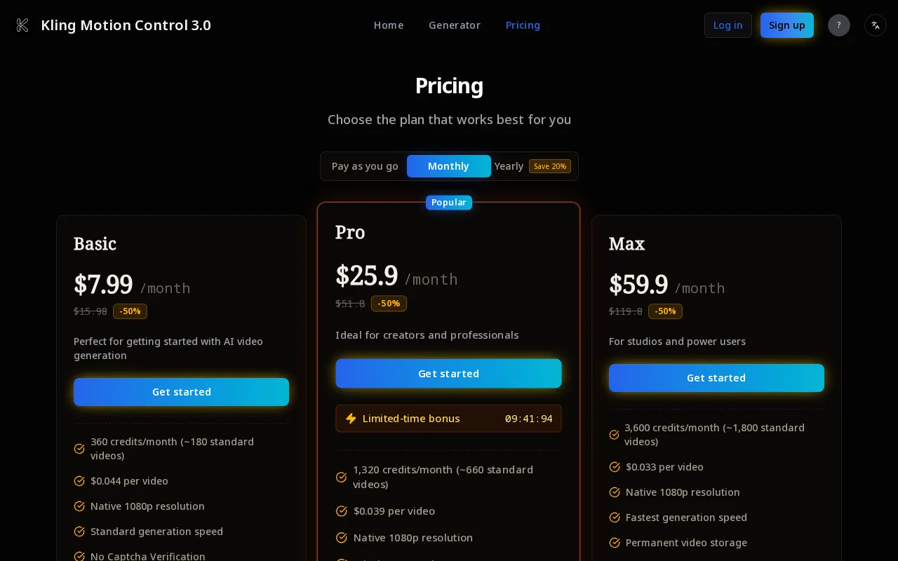 Kling AI 3.0 Motion Control — pricing page