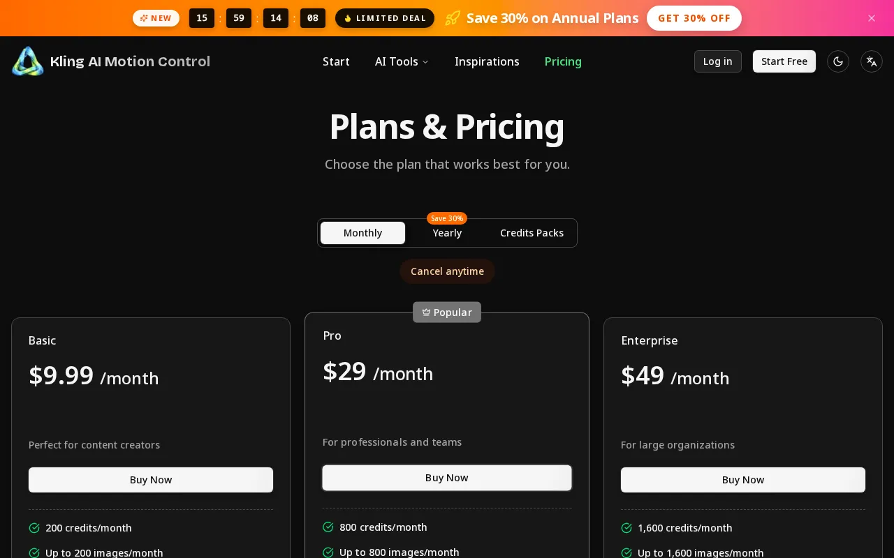 Kling AI Motion Control — pricing page