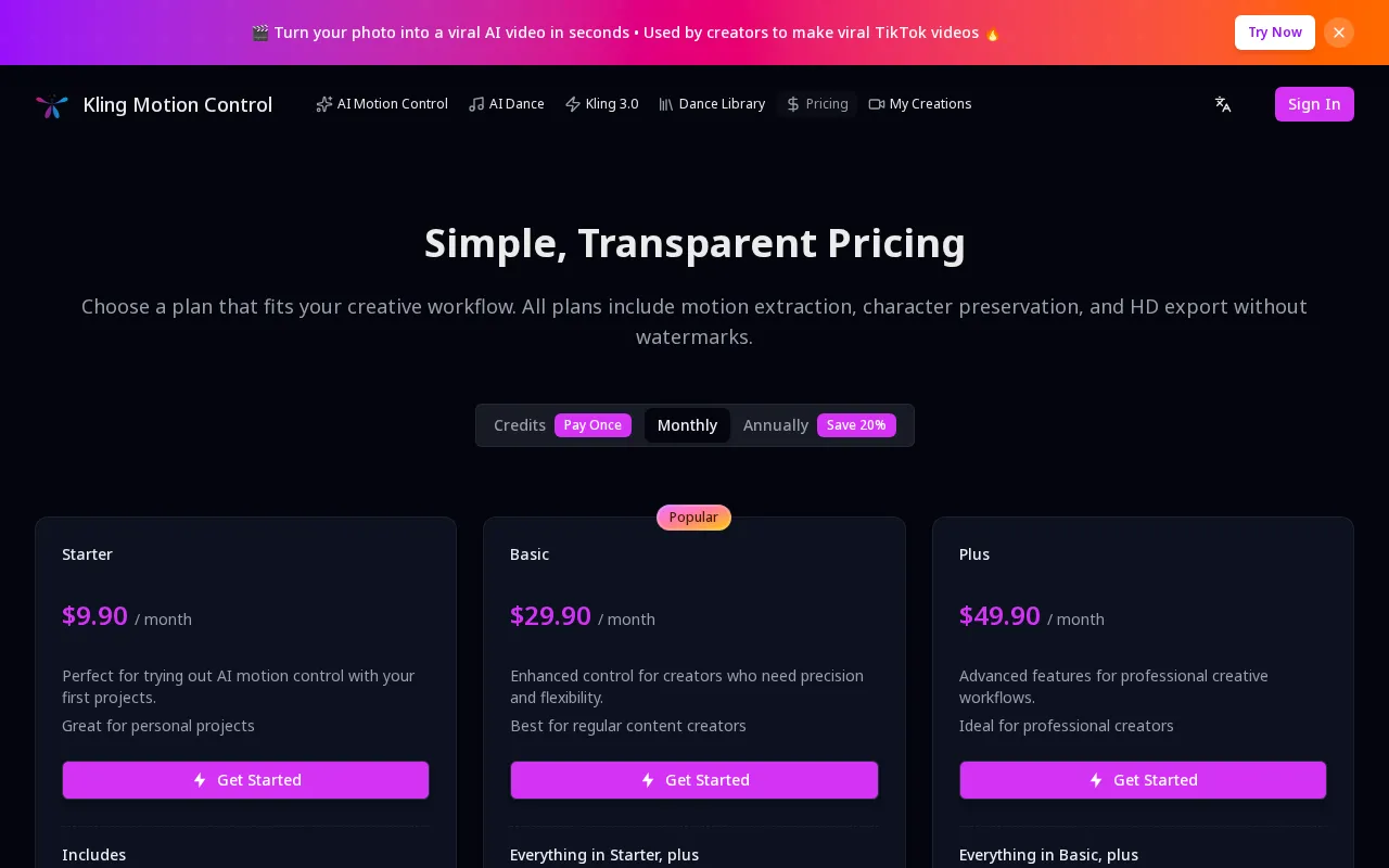 kling motion control -1 — pricing page