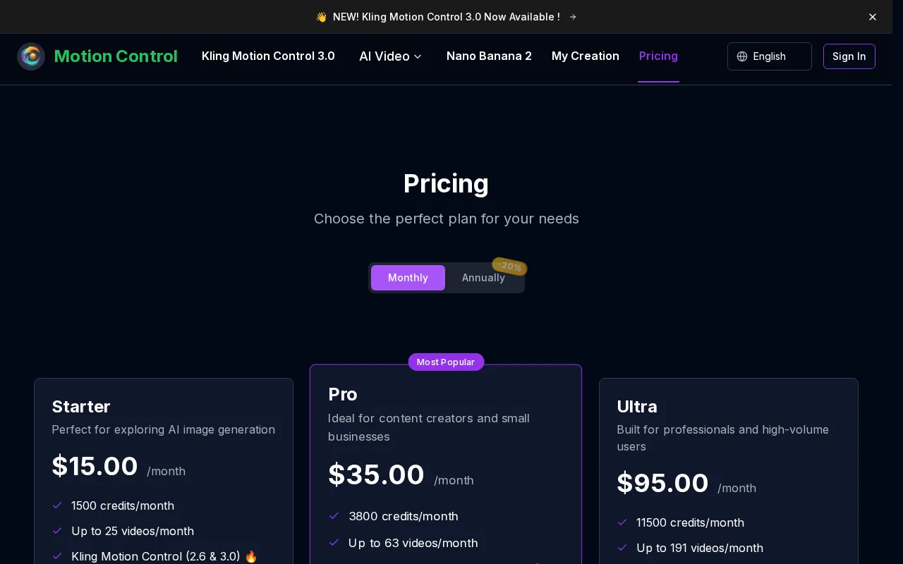 motioncontrol.app — pricing page